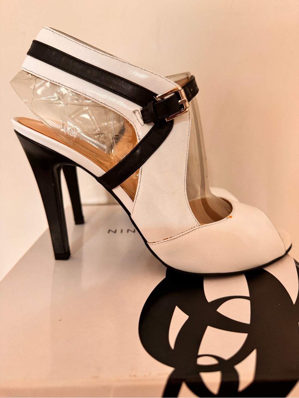 Nine West White and Black Peep-Toe High Heel Sandals with Ankle Strap